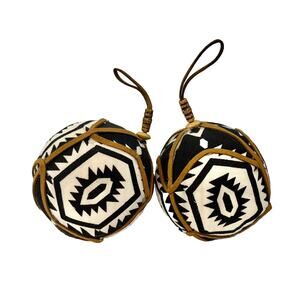 Christmas Ornaments Black and White Boho Fabric Suede Large Round Set Of 2